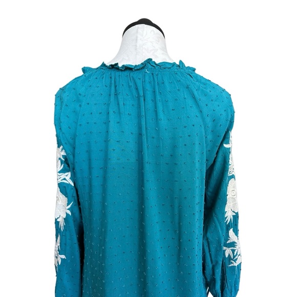 Solitaire Tunic Embroidered Peasant Blouse Turquoise Ruffled Neck Ties Size S - Picture 5 of 13